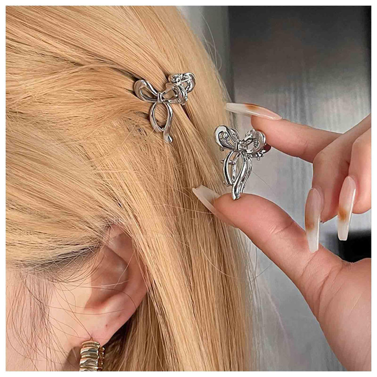 Iaceble Mini Silver Metal Hair Clip with Bow Alloy Hair Barrette, Bowknot Hair Claw Clip for Women - Versatile Occasions, Fashion and Minimalist Hair