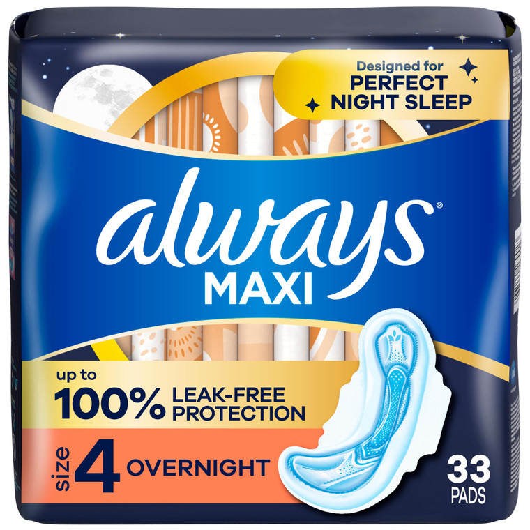 Always Maxi Overnight Pads with Wings for Women, Size 4, Overnight Absorbency, Unscented, 33 Count