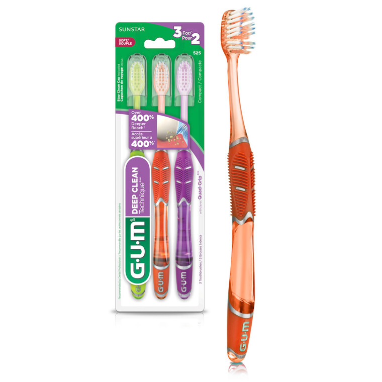 GUM Technique Deep Clean Toothbrush - Compact Head - Soft Toothbrushes for Adults with Sensitive Soft Bristles, 3 Count