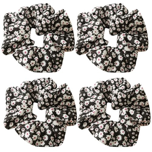 4 Pack Digital Floral Hair Scrunchies Sunflower Print Slap Bracelet Ponytail Holder Elastic Hair Bands Wrist Fabric Scrunchy Hair Ties for Show/Sleep