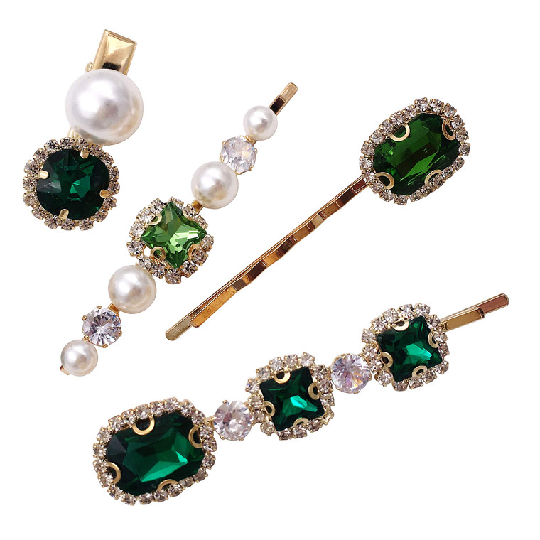 4PCS Vintage Green Crystal Pearl Gold Bobby Pins Decorative Hair Slides Clips Accessories Women
