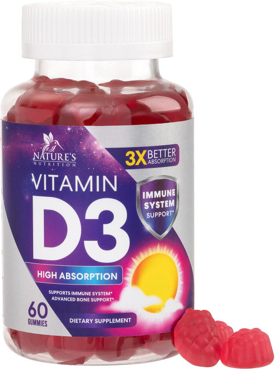 Vitamin D3 Supplement 5000 IU - High Potency D 3 Vitamin Gummy (125 mcg) - Supports Bone, Teeth, Muscle & Immune Health - Nature's Non-GMO & Gluten F