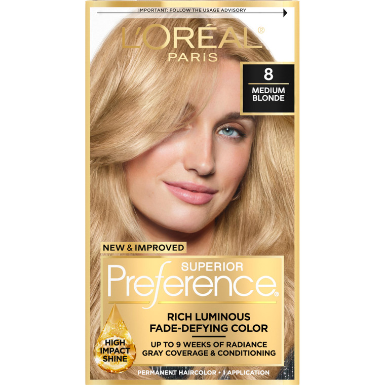 L'Oreal Paris Superior Preference Fade-Defying + Shine Permanent Hair Color, 8 Medium Blonde, Pack of 1, Hair Dye
