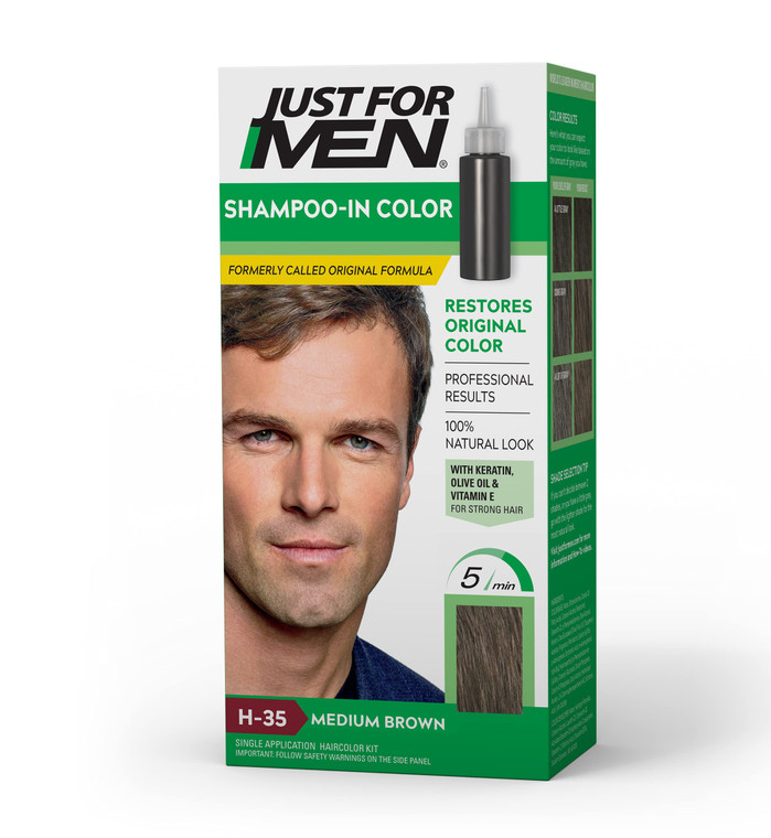 Just For Men Shampoo-In Color (Formerly Original Formula), Mens Hair Color with Keratin and Vitamin E for Stronger Hair - Medium Brown, H-35, Pack of