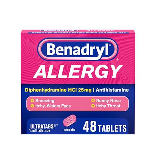 Benadryl Ultratabs Antihistamine Allergy Relief Medicine, 25 mg Diphenhydramine HCl Tablets for Relief of Cold & Allergy Symptoms Such as Sneezing, R
