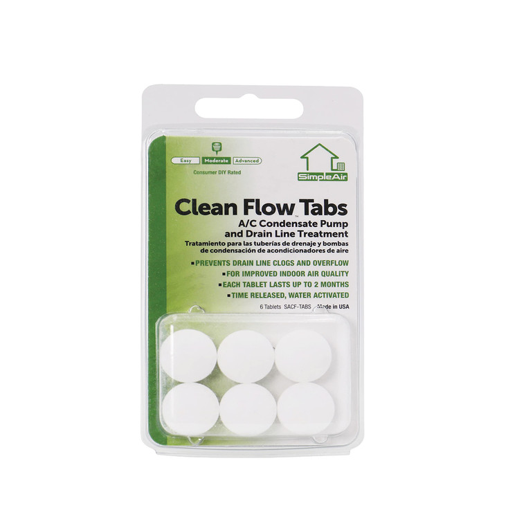 SimpleAir SACF Drain Line Clean Flow Tabs, for AC Units, HVAC Systems, Dehumidifiers, Condensate Drain Line Applications, 6 Count (1 Pack)