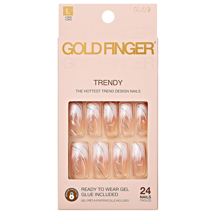 Goldfinger Full Cover White French Design Press on Nails Ready to Wear Gel Manicure Long Nails, Salon Result, Long Lasting Durable, Mini Glue Include