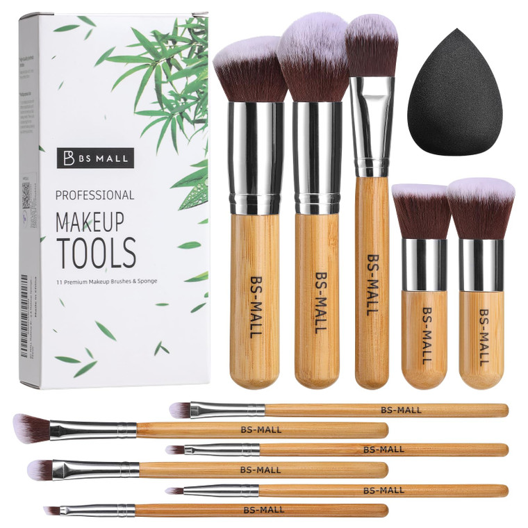 BS-MALL Makeup Brush Set 11Pcs Bamboo Synthetic Kabuki Brush Set Foundation Powder Blending Concealer Eye shadows Blush Cosmetics Brushes with Travel