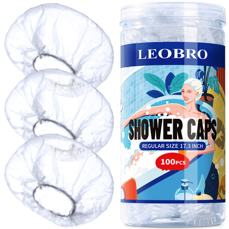 LEOBRO 100PCS Disposable Shower Caps, Shower Caps for Women Disposable, Clear Plastic Shower Cap, Plastic Hair Caps for Hair Treatment, Regular Size
