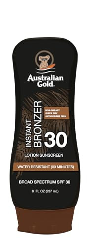 Australian Gold Sunscreen Lotion with Instant Bronzer, Broad Spectrum, Water Resistant, Non-Greasy, Oxybenzone Free, Cruelty Free, SPF 30, Coconut, 8