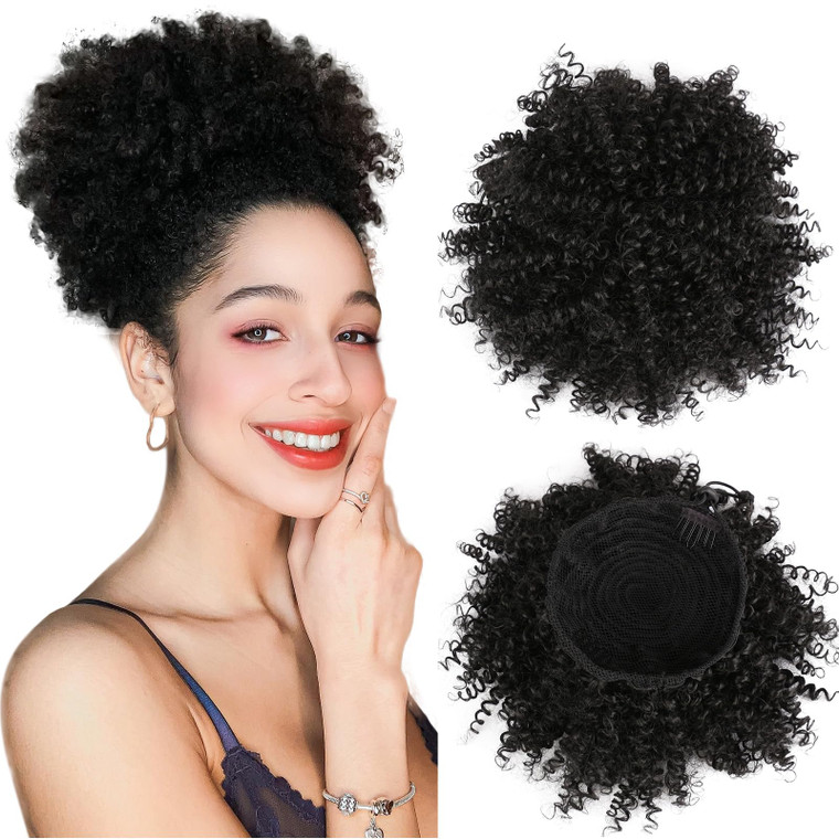 Fashion Icon Synthetic Afro Puff Drawstring Ponytail Hairpieces for Black Women,Short Afro Kinky Curly Hair Extensions Wig Updo Hair Bun and Ponytail
