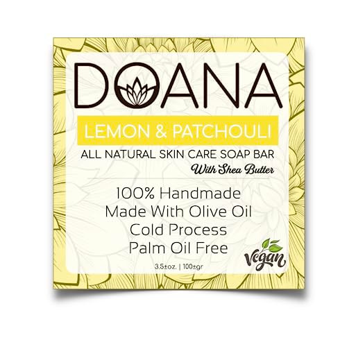 Lemon & Patchouli Soap Bar - Now With SHEA BUTTER - Vegan, Olive Oil, Coconut Oil, Lemon Seed Oil, Palm Oil Free, Antiseptic, Anti Acne, Treat Minor