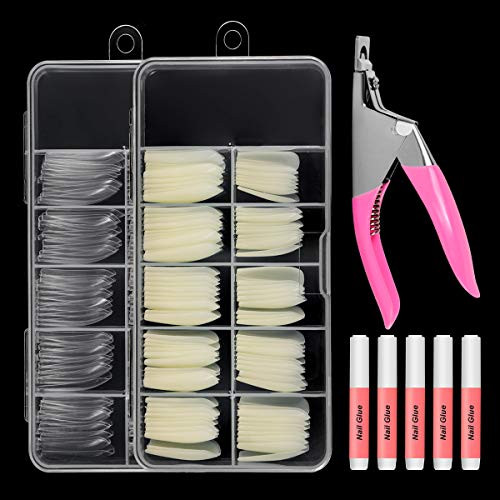 200PCS No Trace Coffin Long Ballerina Acrylic False Nails Set, Natural Clear Full Cover Tips With Cutter and Glue
