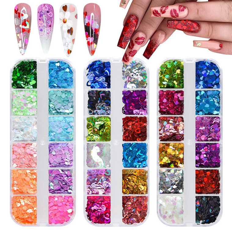 36 Colors Heart Glitter Nail Art Sequins, EBANKU Holographic Heart Shaped Nail Sequin Laser Heart Nail Flake Glitter Decals for Valentine's Day Face