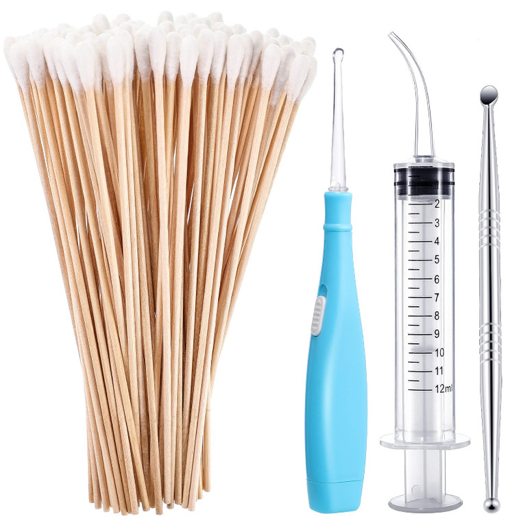 Tonsil Stone Removal Set Includes 1 Stainless Steel Tonsil Stone Removal Tool, 1 Tonsil Stone Remover with LED Light, 100 Long Swabs and 1 Curved Irr