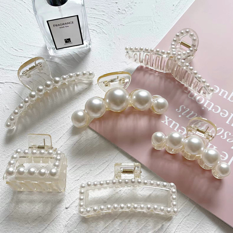 6 Pcs Pearl Hair Clips for Women Large Claw Clips for Thin Thick Hair White Hair Claw Clips for Wedding Gift Nonslip Hair Accessories for Women and G