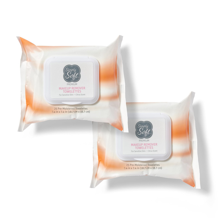 Simply Soft Premium Makeup Remover Towelettes 50 Wipes (2 packs of 25 wipes), Citrus Scent Makeup Wipes, Hypoallergenic & pH Balanced Sensitive Skin