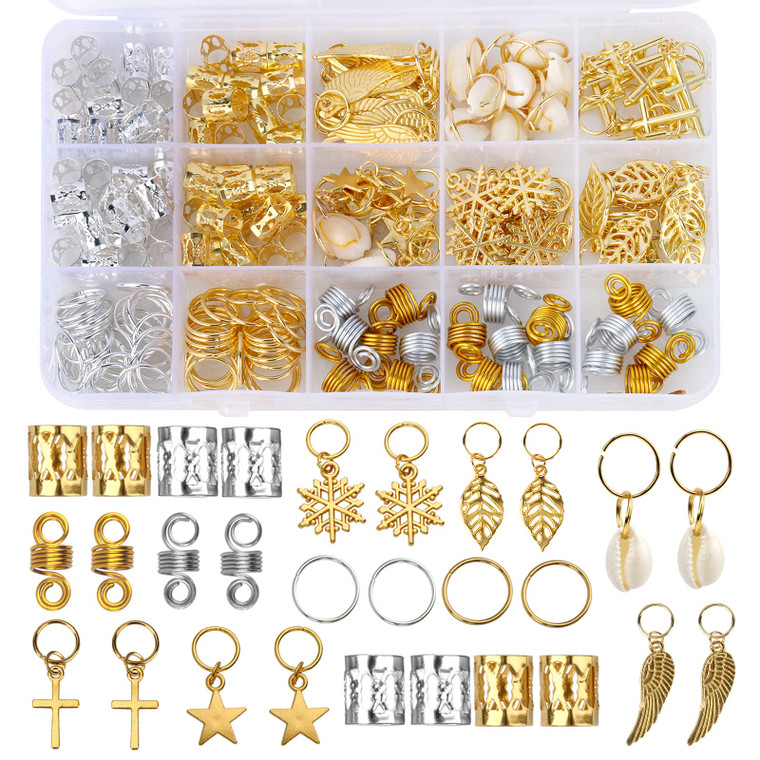 Nafaboig 200PCS Hair Beads for Women Braids, Loc Jewelry for Hair, Dreadlocks Accessories, Metal Gold Silver Clips Cuffs Coils Shells Rings for Hair