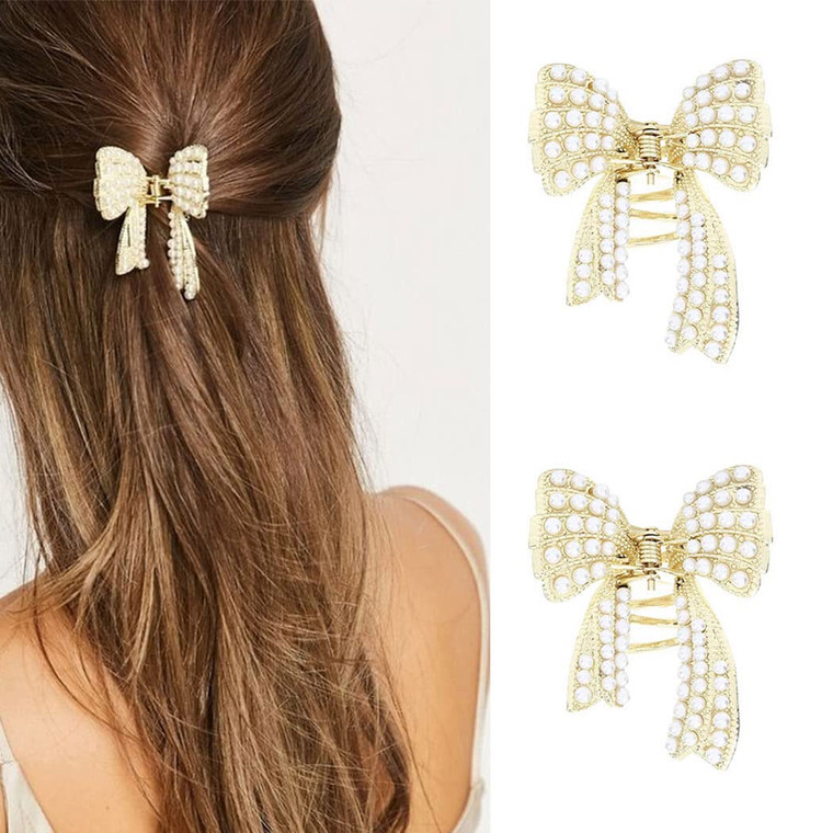 Brinie Pearl Hair Claw Clamps Gold Metal Hair Claw Clips Bowknot Hair Styling Clips Non Slip Jaw Hair Clamps Hair Accessories for Women and Girls (Pa
