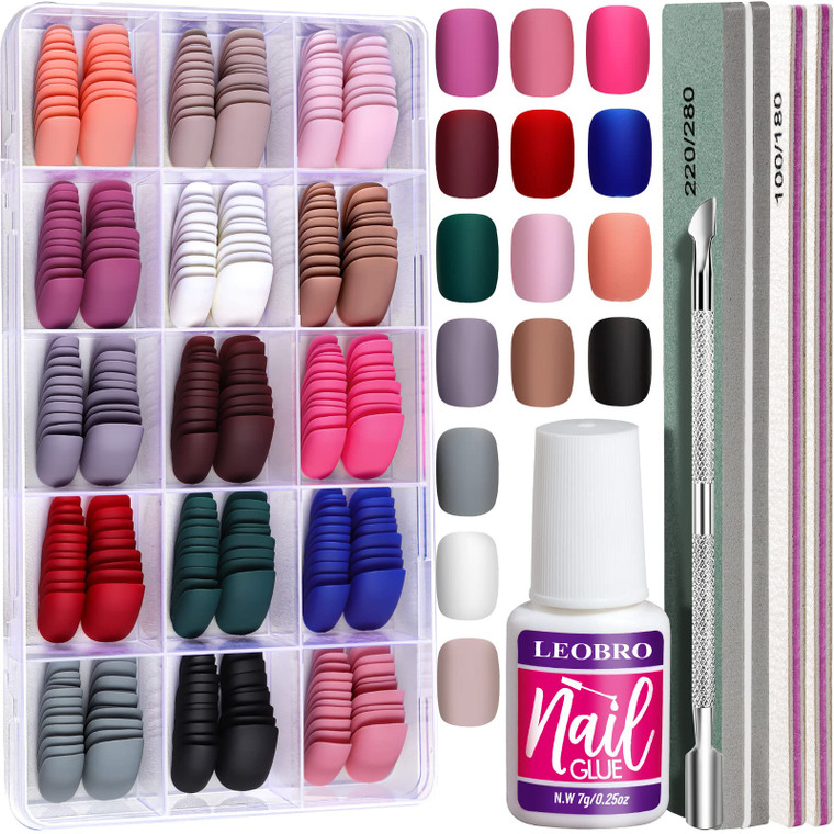 Press on Nails Short, 15 Colors 360PCS Matte Press on Nails Kit