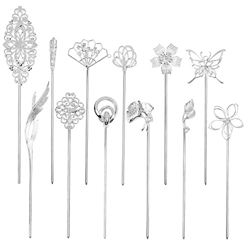 Cinaci 12 Pack Silver KC Gold Metal Decorative Chinese Vingtage Butterlfy Flower Hair Sticks Chopsticks Retro Hair Pins Forks Hairpin Hair Bun Updo H
