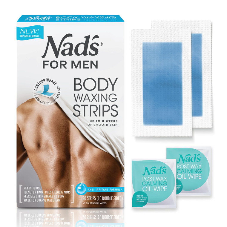 Nad's For Men Body Wax Strips - Wax Hair Removal For Men - At Home Waxing Kit With Waxing Strips + 2 Calming Oil Wipes, 20 Count (Pack of 1)