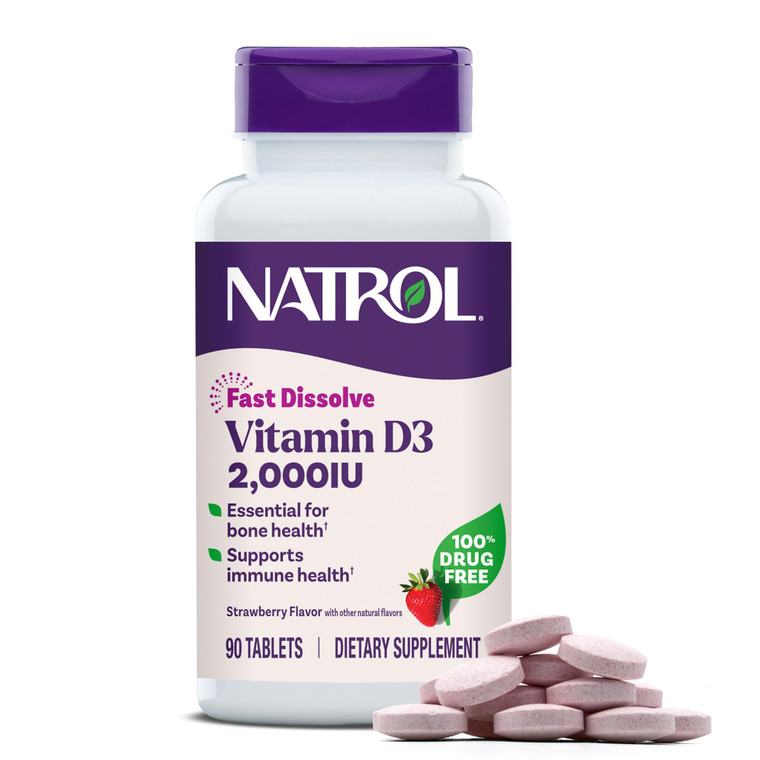 Natrol Fast Dissolve Vitamin D3 2,000 IU, Dietary Supplement for Bone and Joint Health, Bone Support Supplement, 90 Tablets, 90 Day Supply