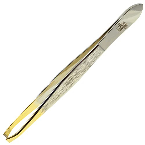 Camila Solingen CS31 3 1/2" Gold Tipped, Surgical Grade, German Stainless Steel Tweezers (Straight) - Flawless Facial Hair and Eyebrow Shaping and Re