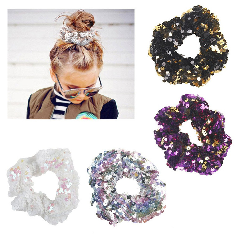 DINPREY 12 Colors Girls Mermaid Sparkly Sequins Scrunchies for Hair Eleastic Bands Hair Scrunchy Hair Ties Ropes Ponytail Holders Rubber Bands for Gi