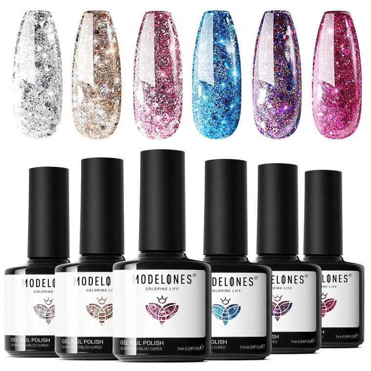 modelones Gel Nail Polish Set - 6 Colors Sparkle Glitter Gold Silver Gel Polish Nail Kit Soak Off Nail Polish for Nail Art Manicure DIY Holiday Colle