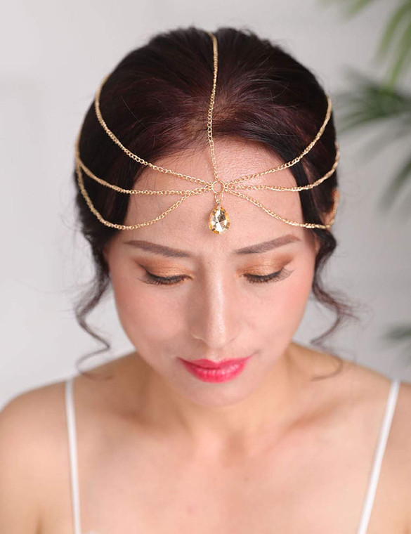 Denifery Bridal Boho Gold Rhinestone Head Chain Bridal Headpiece Bohemian Wedding Hair Accessories