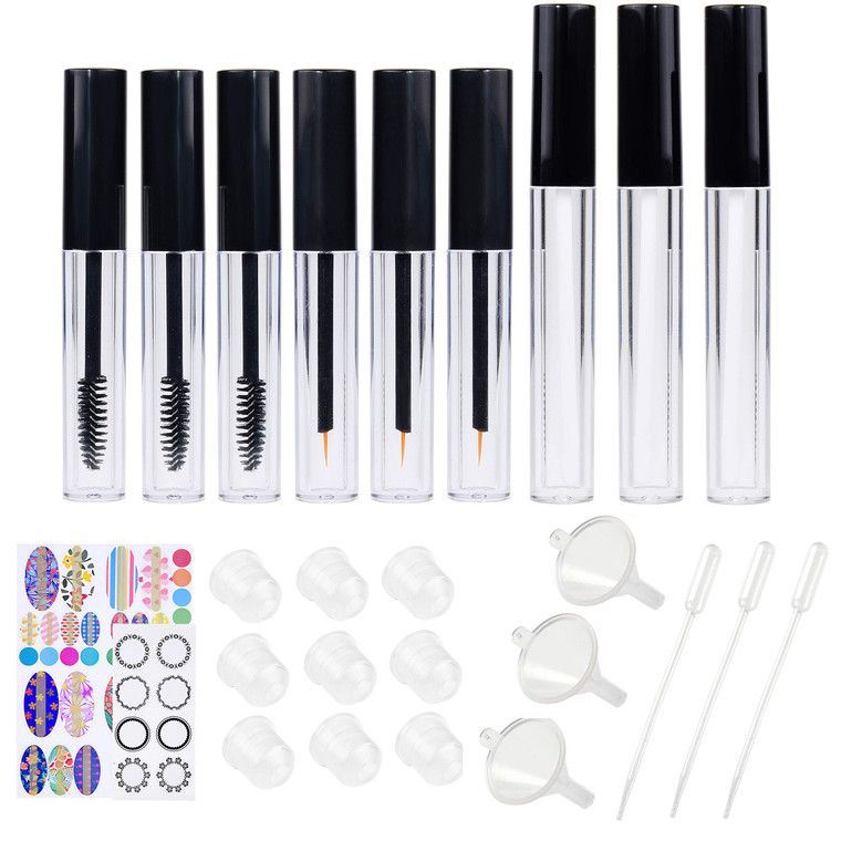 Kare & Kind 9 pcs. Empty Refillable Mascara Tube, Eyeliner Bottle, Lip Gloss Vials - Containers with Wands, Brushes, Rubber Inserts, Mini Dropper and