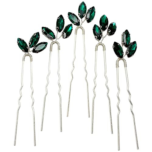 BETITETO Crystal Bridal Hair Pins Accessories 5 Pieces U-Shaped Rhinestone Headpiece for Wedding Party (Emerald Green)