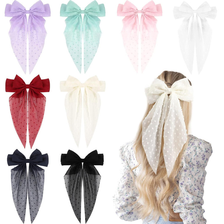VOBOBE Hair Bow Clip, 8Pcs Big Tulle Layered Hair Bows for Women Girls 8 Inch, Long Black Gauze Bows, French Style Hair Accessories