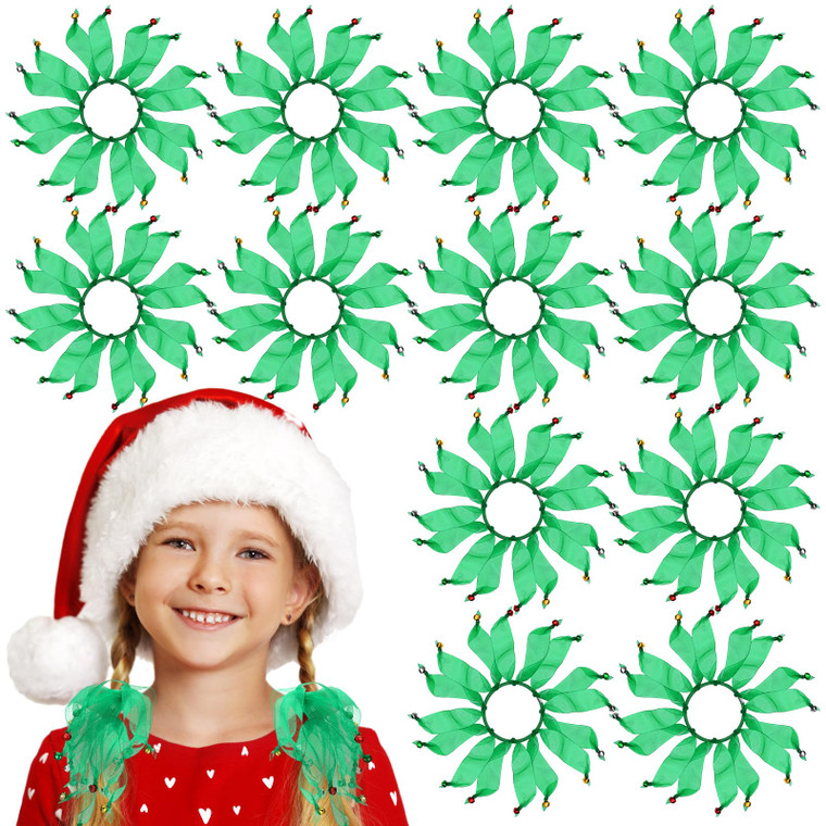 Hotop 12 Pcs Christmas Hair Ties with Bells Ribbon Elastic Scrunchies Xmas Hair Ties Ribbon Ponytail Holder for Christmas Party Accessories(Green)