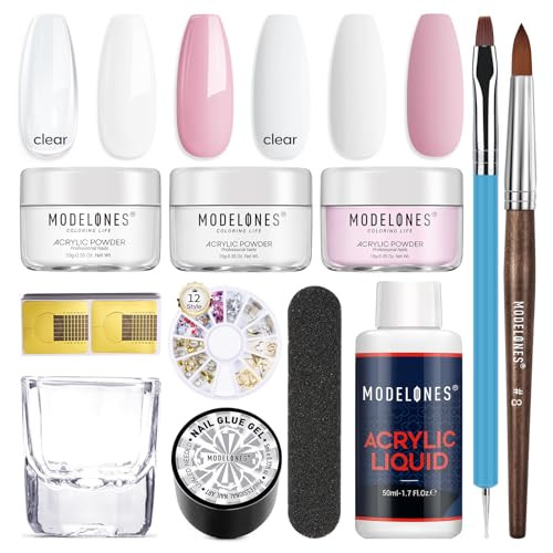 modelones Acrylic Nail Kit: Clear White Pink Acrylic Powder and Liquid Set with Gel Nails Glue, Brushes, 11pcs Set for Beginner