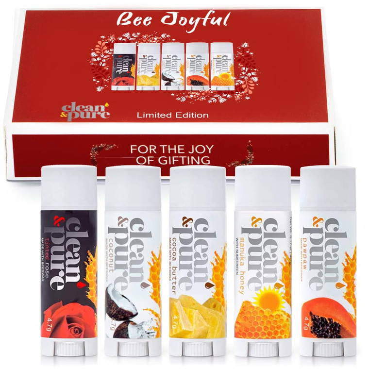 Clean & Pure Australian-Made Moisturizing Lip Balms 100% Natural (Bee Joyful, 5-Pack) and Vitamin E Oil | Flavored Lip Balm for Dry, Chapped Lips | M