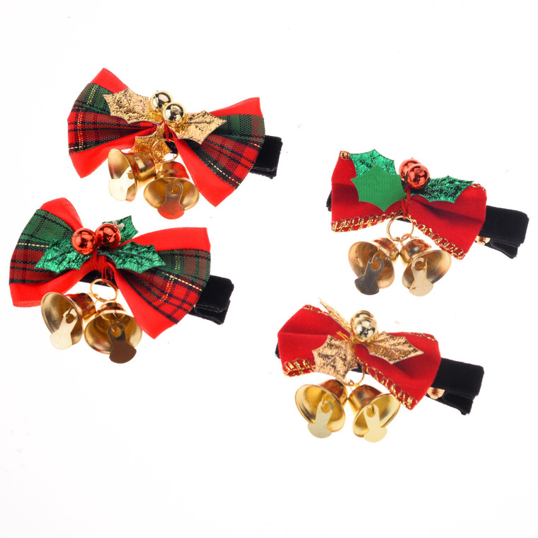 LUX ACCESSORIES Jingle Bells and Mistletoe Christmas Bow Clips set on 4