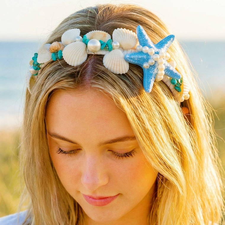 Brishow Blue Starfish Headband Seashell Hair Band Pearl Turquoise Beach Wedding Hair Accessories for Women
