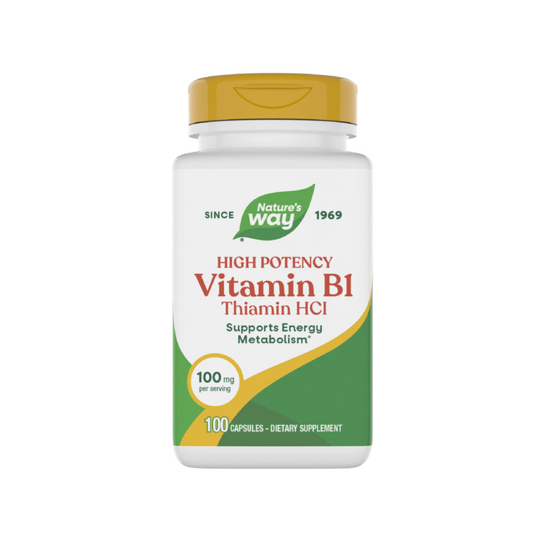 Nature's Way Vitamin B1, High Potency, 100 mg Thiamin per Serving, Thiamin HCl, Supports Energy Metabolism*, Gluten Free, 100 Capsules (Packaging May