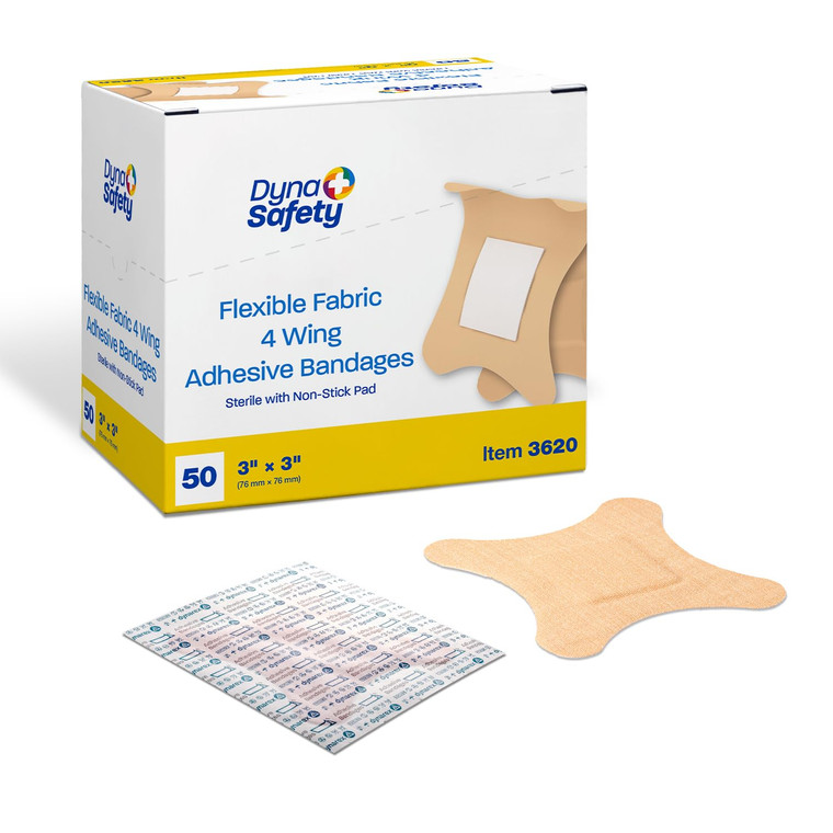 Dynarex Adhesive Fabric Bandage, 3 Inches X 3 Inches Sterile, 4 Wing, 50 Count
