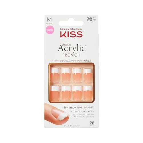 KISS Salon Acrylic French Tip Press On Nails, Medium Size, Square Shape, Includes 28 Fake Nails, Pink Gel Nail Glue (2g), 1 Manicure Stick, 1 Mini Fi