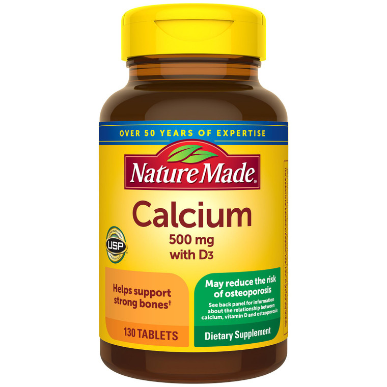 Nature Made Calcium 500 mg with Vitamin D3, Calcium and Vitamin D Supplement for Bone Support, 130 Tablets