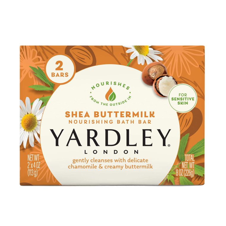 Yardley London Nourishing Bath Soap Bar Shea Buttermilk for Sensitive Skin, Gently Cleanses with Delicate Chamomile & Creamy Buttermilk, 4.0 oz Bath