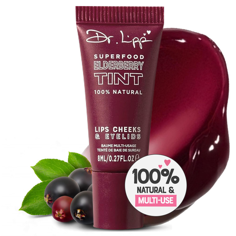 Dr. Lipp Superfood Lip Tint Elderberry 8ml  4-in-ONE Ultra Moisturising Tinted Lip Balm, Lip Gloss, Cheek Blush & Glossy Eyeshadow  100% Natural 