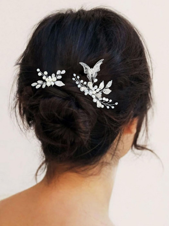 Gorais Butterflies Bride Wedding Hair Pins Silver Pearl Bridal Hair Pieces Crystal Hair Decoration Leaf Hair Accessories for Women and Girls (Pack of