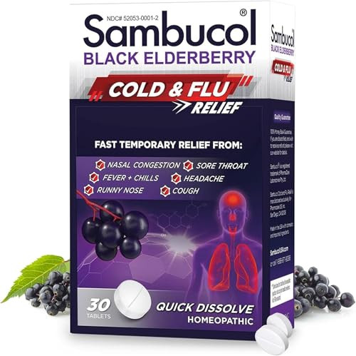Sambucol Cold and Flu Relief Tablets - Homeopathic Black Elderberry Cold Medicine, Drowsy Free Remedy for Adults with Zinc, Quick-Dissolving Tablets