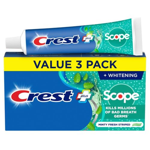 Crest + Scope Whitening Toothpaste - Pack of 3, 5.4 Oz Tubes - Anticavity Fluoride Toothpaste, Fresh Breath, Kills Germs - Tartar Protection, Enamel