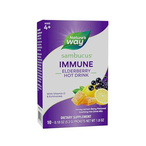 Nature's Way Sambucus Elderberry Hot Drink Mix with Vitamin C and Echinacea, Immune Support*, Honey Lemon-Berry Flavored, 10 Packets (Packaging May V