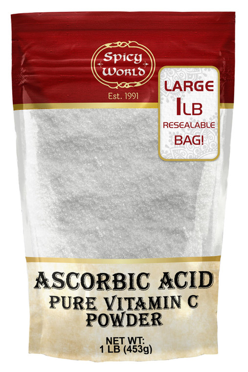 Spicy World Ascorbic Acid 1 LB Bulk Bag - Pure Vitamin C Powder - 100% Pure, Food Grade, Can be Used for Canning, Fruit, Pools - USP Grade